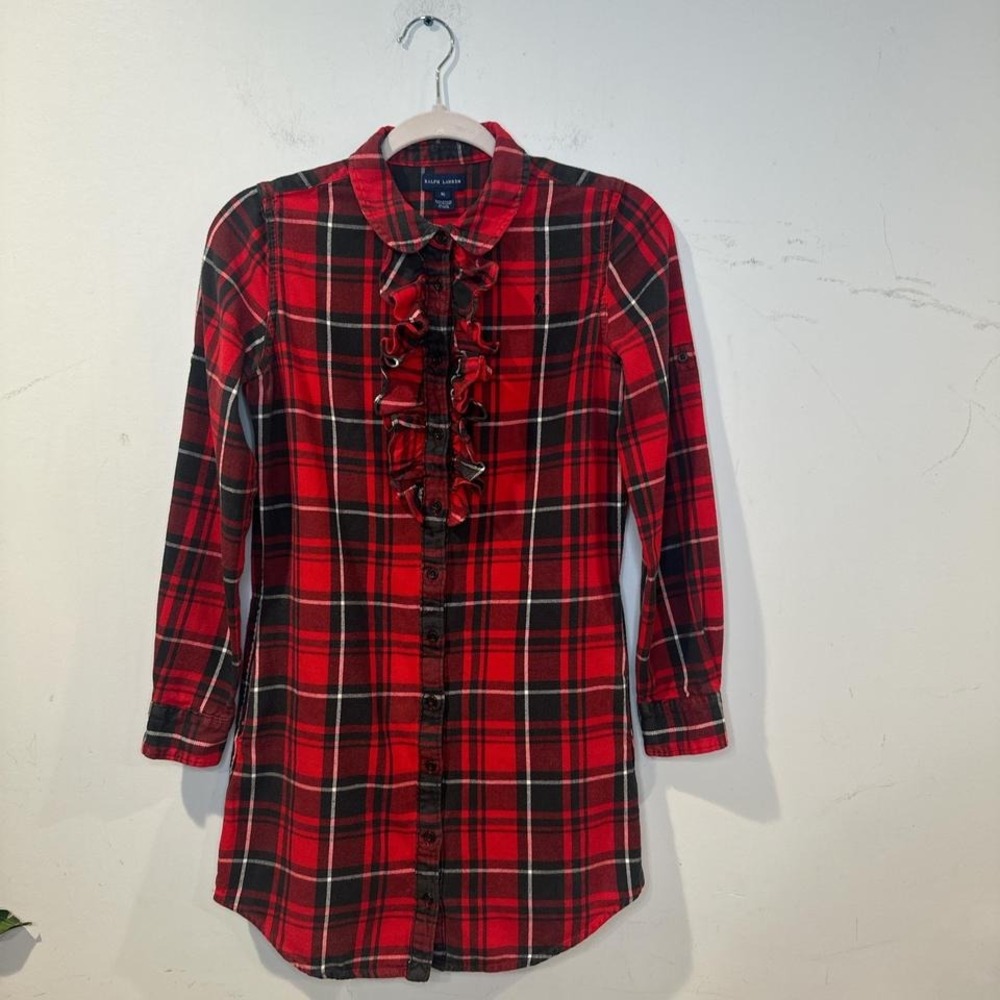 Ralph Lauren Red tartan plaid button up girls dress 16/ women's top S / XS - Picture 6 of 8